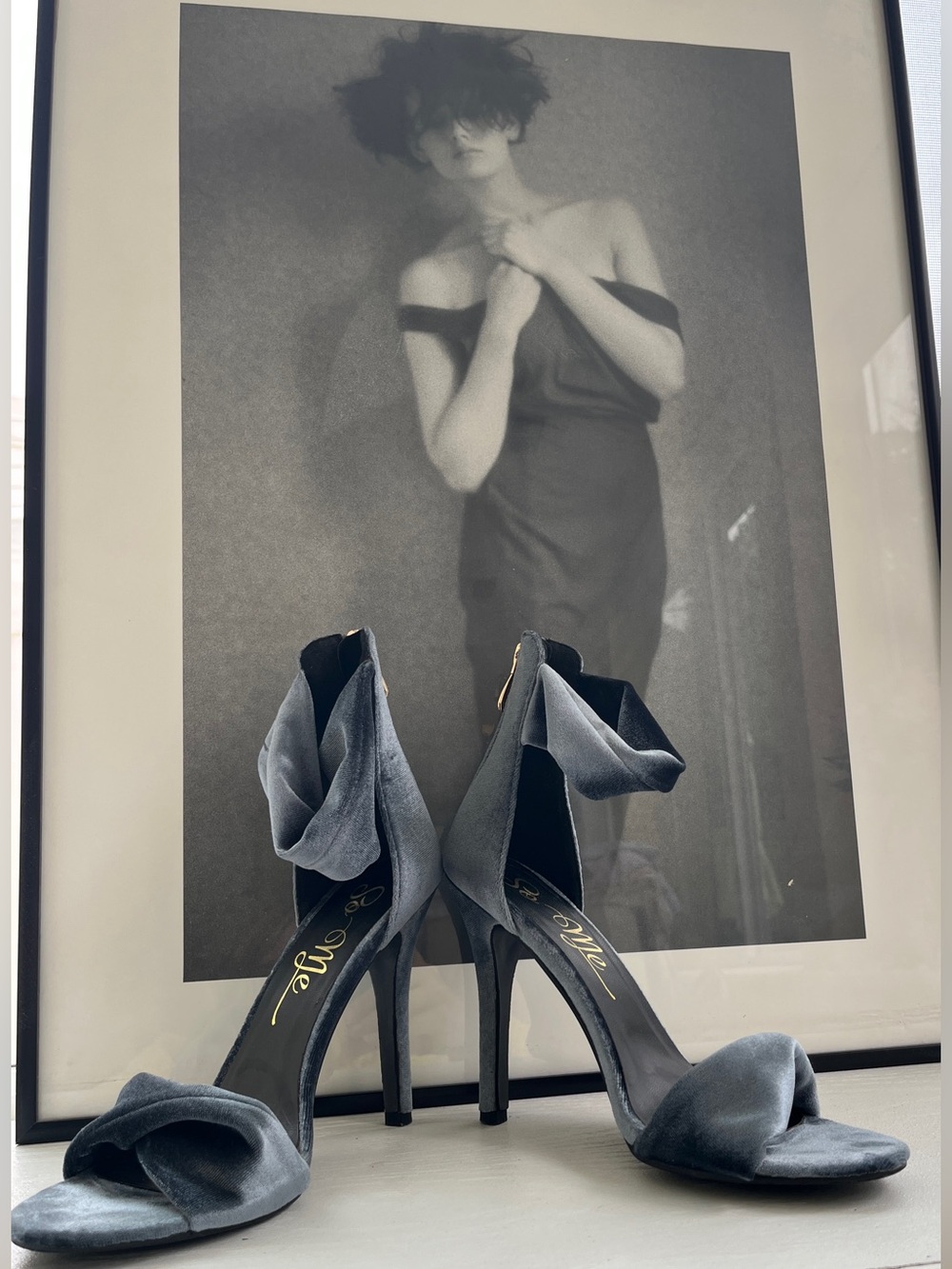 So Me Slate Gray Velvety Ankle-Ruffle Stiletto Heels. Zip Back!